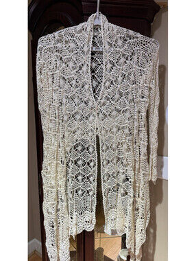 Vtg Cami Hand Crochet Cream Boho Cottagecore Coquette Cover-up Cardigan Sz XL